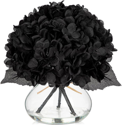 Hydrangea Artificial Flowers with Vase White Silk Fake Flowers Arrangements in Glass Vase with Faux Water for Home Bathroom Office Table Centerpiece Shelf Decorations