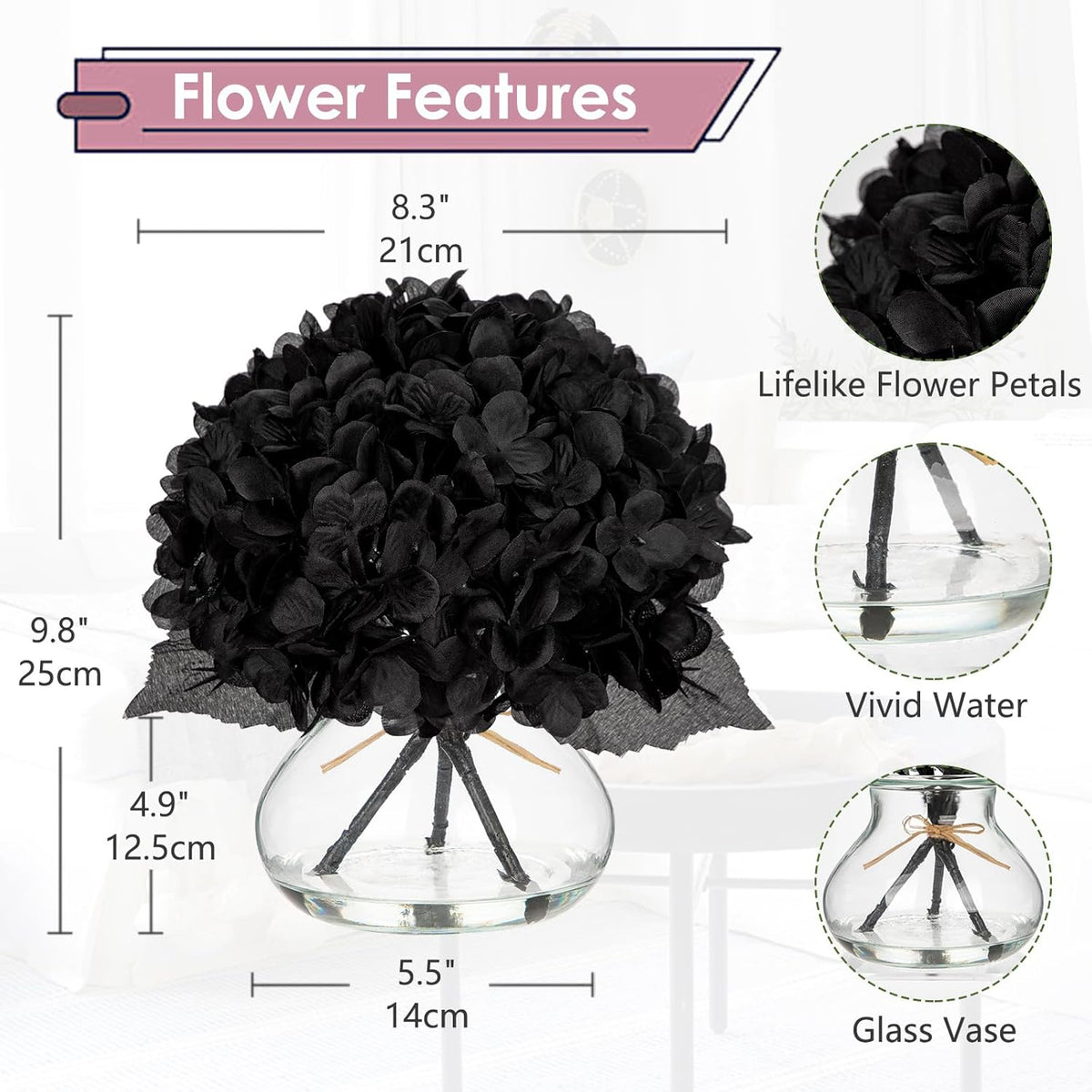 Hydrangea Artificial Flowers with Vase White Silk Fake Flowers Arrangements in Glass Vase with Faux Water for Home Bathroom Office Table Centerpiece Shelf Decorations
