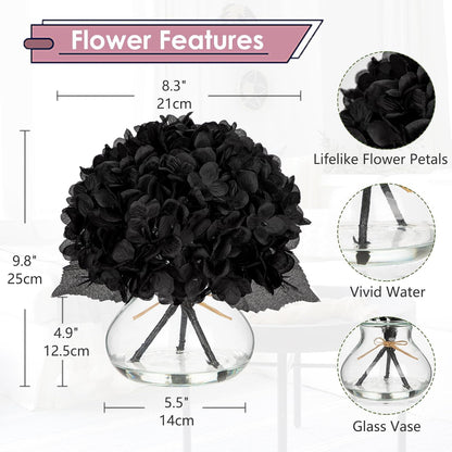 Hydrangea Artificial Flowers with Vase White Silk Fake Flowers Arrangements in Glass Vase with Faux Water for Home Bathroom Office Table Centerpiece Shelf Decorations