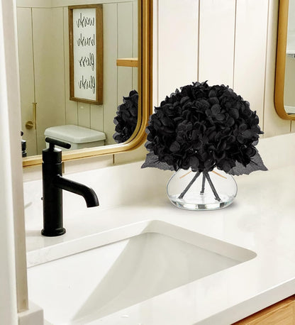 Hydrangea Artificial Flowers with Vase White Silk Fake Flowers Arrangements in Glass Vase with Faux Water for Home Bathroom Office Table Centerpiece Shelf Decorations