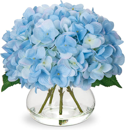 Hydrangea Artificial Flowers with Vase White Silk Fake Flowers Arrangements in Glass Vase with Faux Water for Home Bathroom Office Table Centerpiece Shelf Decorations