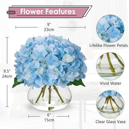 Hydrangea Artificial Flowers with Vase White Silk Fake Flowers Arrangements in Glass Vase with Faux Water for Home Bathroom Office Table Centerpiece Shelf Decorations