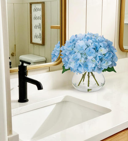 Hydrangea Artificial Flowers with Vase White Silk Fake Flowers Arrangements in Glass Vase with Faux Water for Home Bathroom Office Table Centerpiece Shelf Decorations
