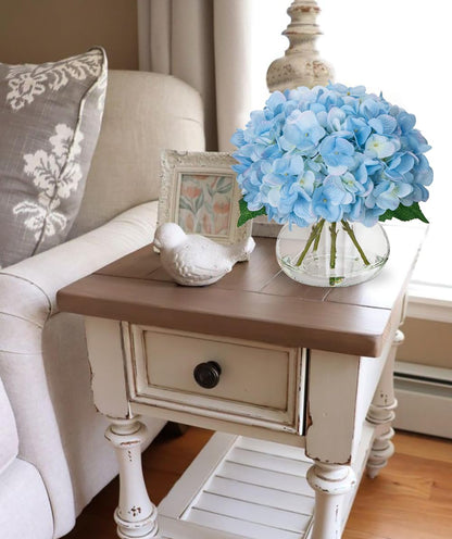 Hydrangea Artificial Flowers with Vase White Silk Fake Flowers Arrangements in Glass Vase with Faux Water for Home Bathroom Office Table Centerpiece Shelf Decorations