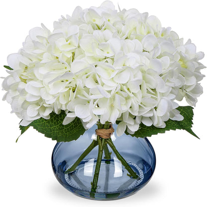Hydrangea Artificial Flowers with Vase White Silk Fake Flowers Arrangements in Glass Vase with Faux Water for Home Bathroom Office Table Centerpiece Shelf Decorations
