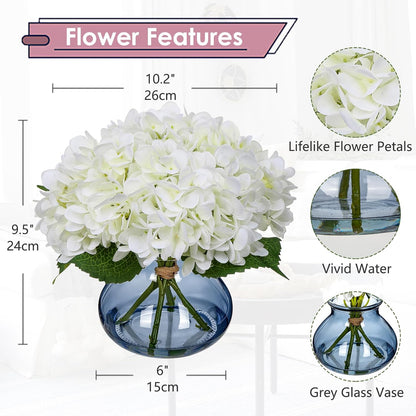 Hydrangea Artificial Flowers with Vase White Silk Fake Flowers Arrangements in Glass Vase with Faux Water for Home Bathroom Office Table Centerpiece Shelf Decorations