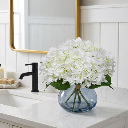 Hydrangea Artificial Flowers with Vase White Silk Fake Flowers Arrangements in Glass Vase with Faux Water for Home Bathroom Office Table Centerpiece Shelf Decorations