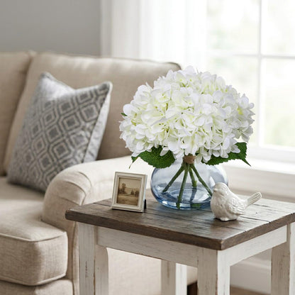Hydrangea Artificial Flowers with Vase White Silk Fake Flowers Arrangements in Glass Vase with Faux Water for Home Bathroom Office Table Centerpiece Shelf Decorations