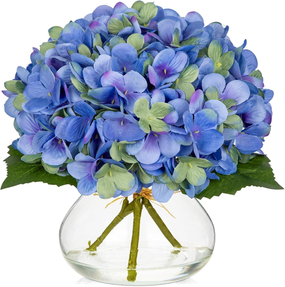 Hydrangea Artificial Flowers with Vase White Silk Fake Flowers Arrangements in Glass Vase with Faux Water for Home Bathroom Office Table Centerpiece Shelf Decorations