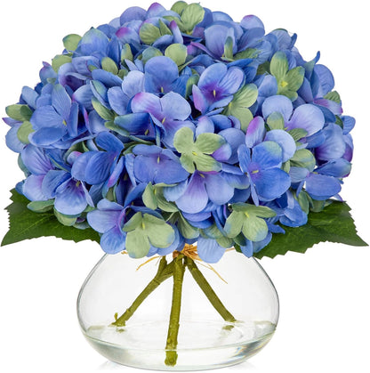 Hydrangea Artificial Flowers with Vase White Silk Fake Flowers Arrangements in Glass Vase with Faux Water for Home Bathroom Office Table Centerpiece Shelf Decorations