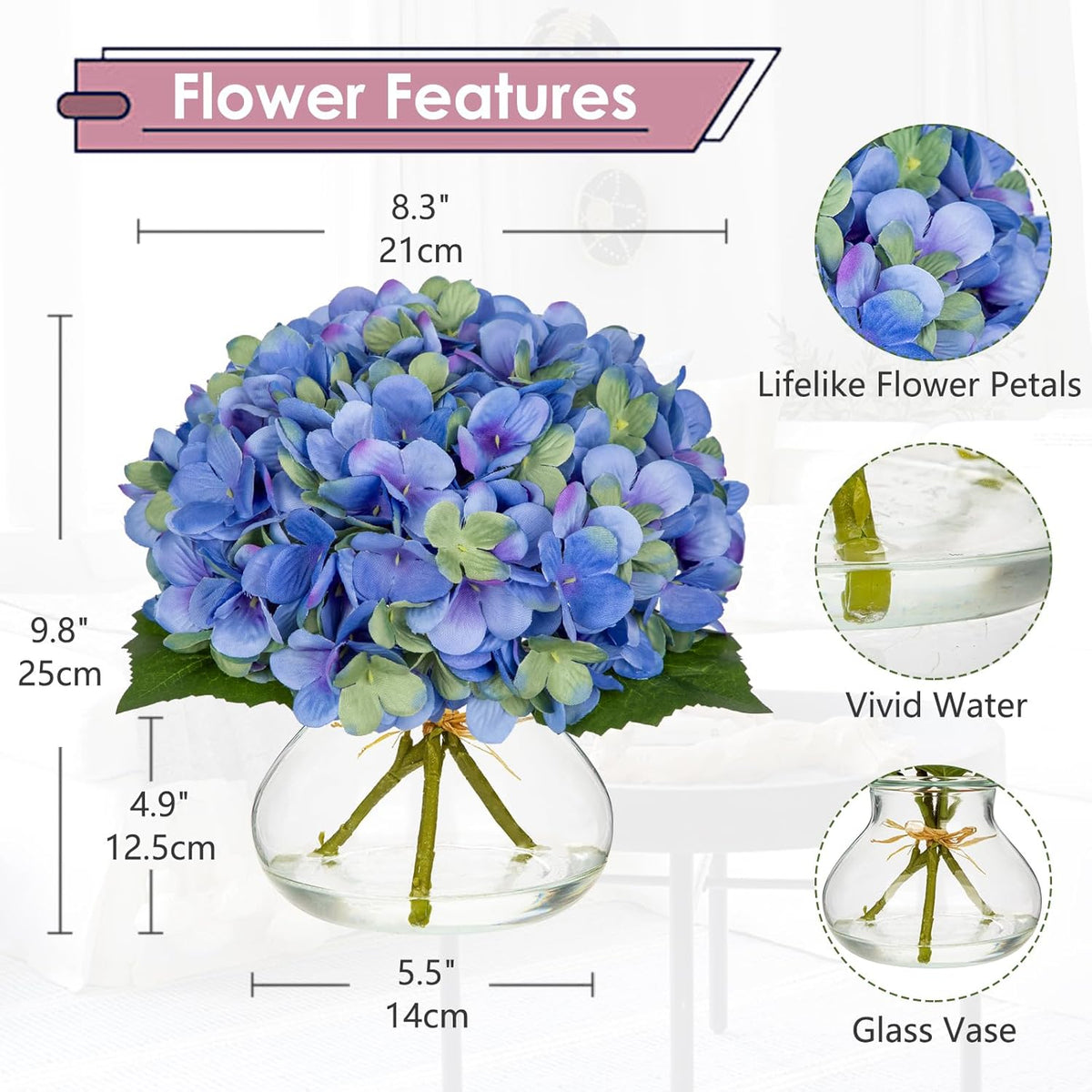 Hydrangea Artificial Flowers with Vase White Silk Fake Flowers Arrangements in Glass Vase with Faux Water for Home Bathroom Office Table Centerpiece Shelf Decorations