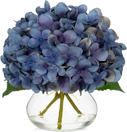 Hydrangea Artificial Flowers with Vase White Silk Fake Flowers Arrangements in Glass Vase with Faux Water for Home Bathroom Office Table Centerpiece Shelf Decorations