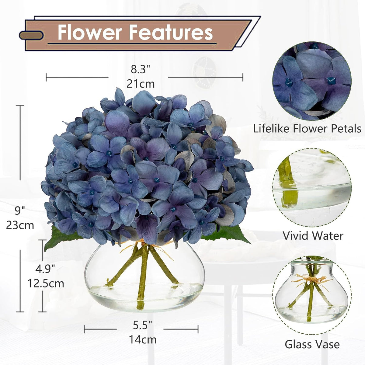 Hydrangea Artificial Flowers with Vase White Silk Fake Flowers Arrangements in Glass Vase with Faux Water for Home Bathroom Office Table Centerpiece Shelf Decorations