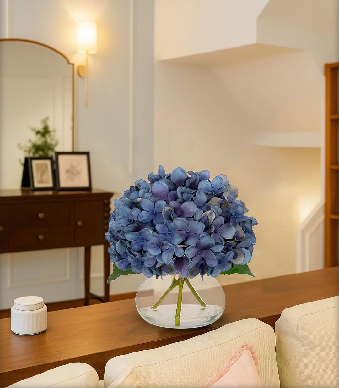 Hydrangea Artificial Flowers with Vase White Silk Fake Flowers Arrangements in Glass Vase with Faux Water for Home Bathroom Office Table Centerpiece Shelf Decorations