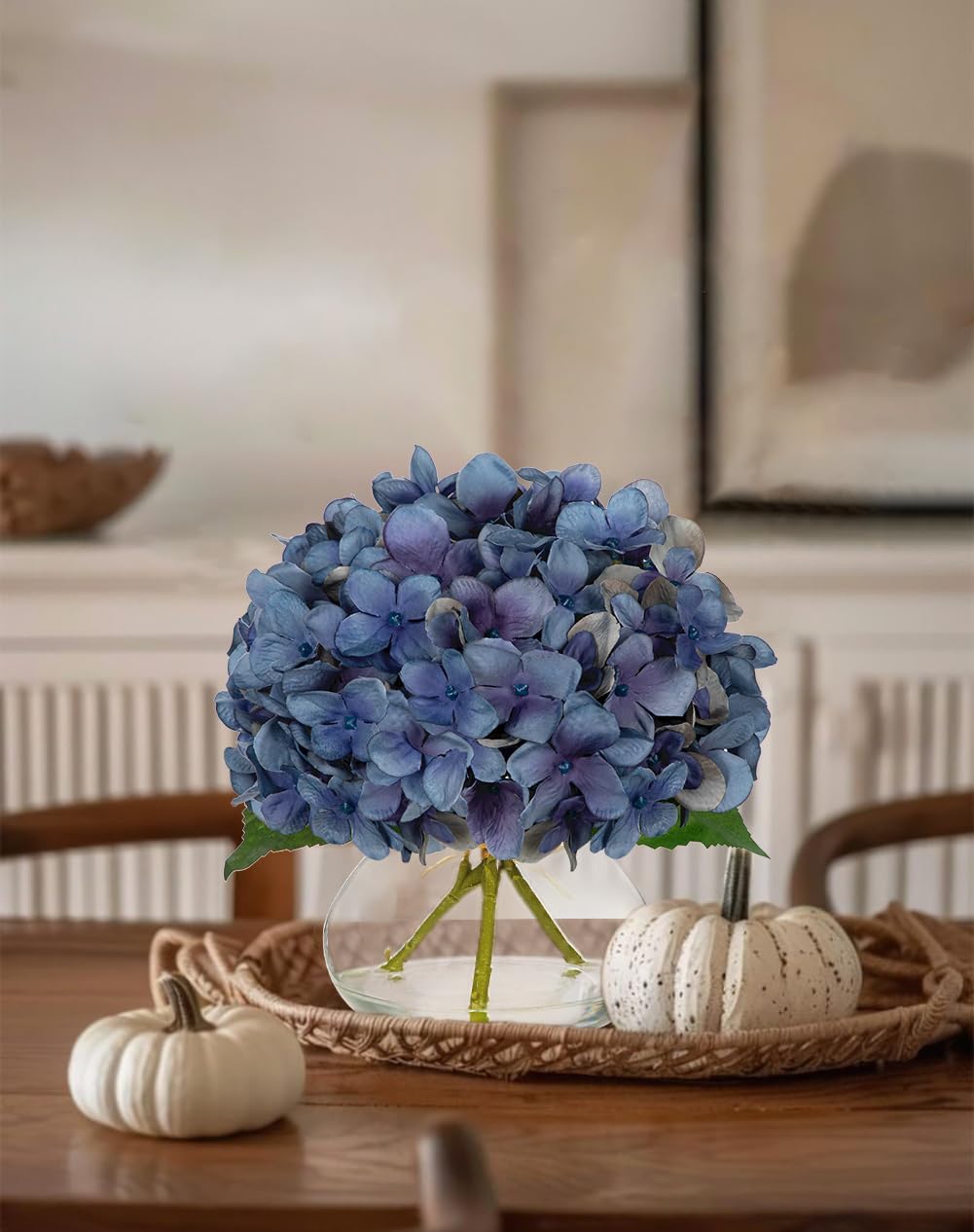 Hydrangea Artificial Flowers with Vase White Silk Fake Flowers Arrangements in Glass Vase with Faux Water for Home Bathroom Office Table Centerpiece Shelf Decorations