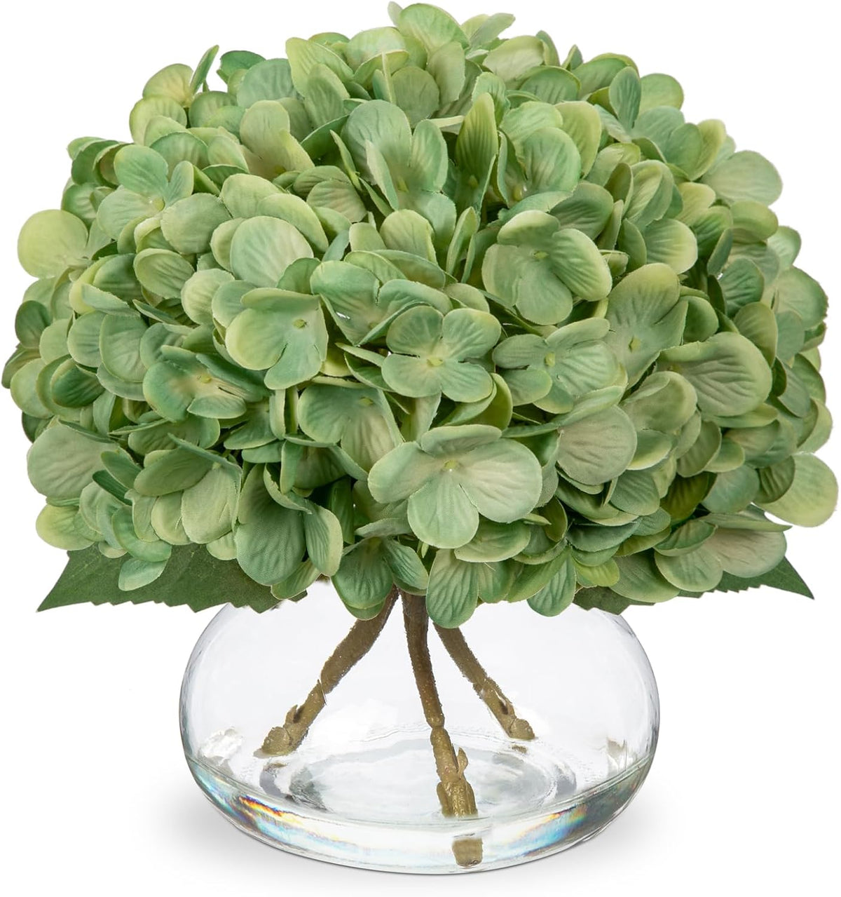 Hydrangea Artificial Flowers with Vase White Silk Fake Flowers Arrangements in Glass Vase with Faux Water for Home Bathroom Office Table Centerpiece Shelf Decorations