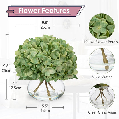 Hydrangea Artificial Flowers with Vase White Silk Fake Flowers Arrangements in Glass Vase with Faux Water for Home Bathroom Office Table Centerpiece Shelf Decorations