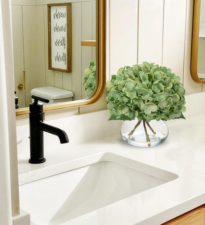 Hydrangea Artificial Flowers with Vase White Silk Fake Flowers Arrangements in Glass Vase with Faux Water for Home Bathroom Office Table Centerpiece Shelf Decorations