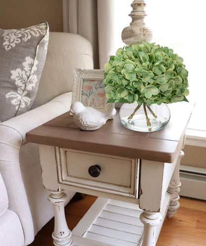 Hydrangea Artificial Flowers with Vase White Silk Fake Flowers Arrangements in Glass Vase with Faux Water for Home Bathroom Office Table Centerpiece Shelf Decorations