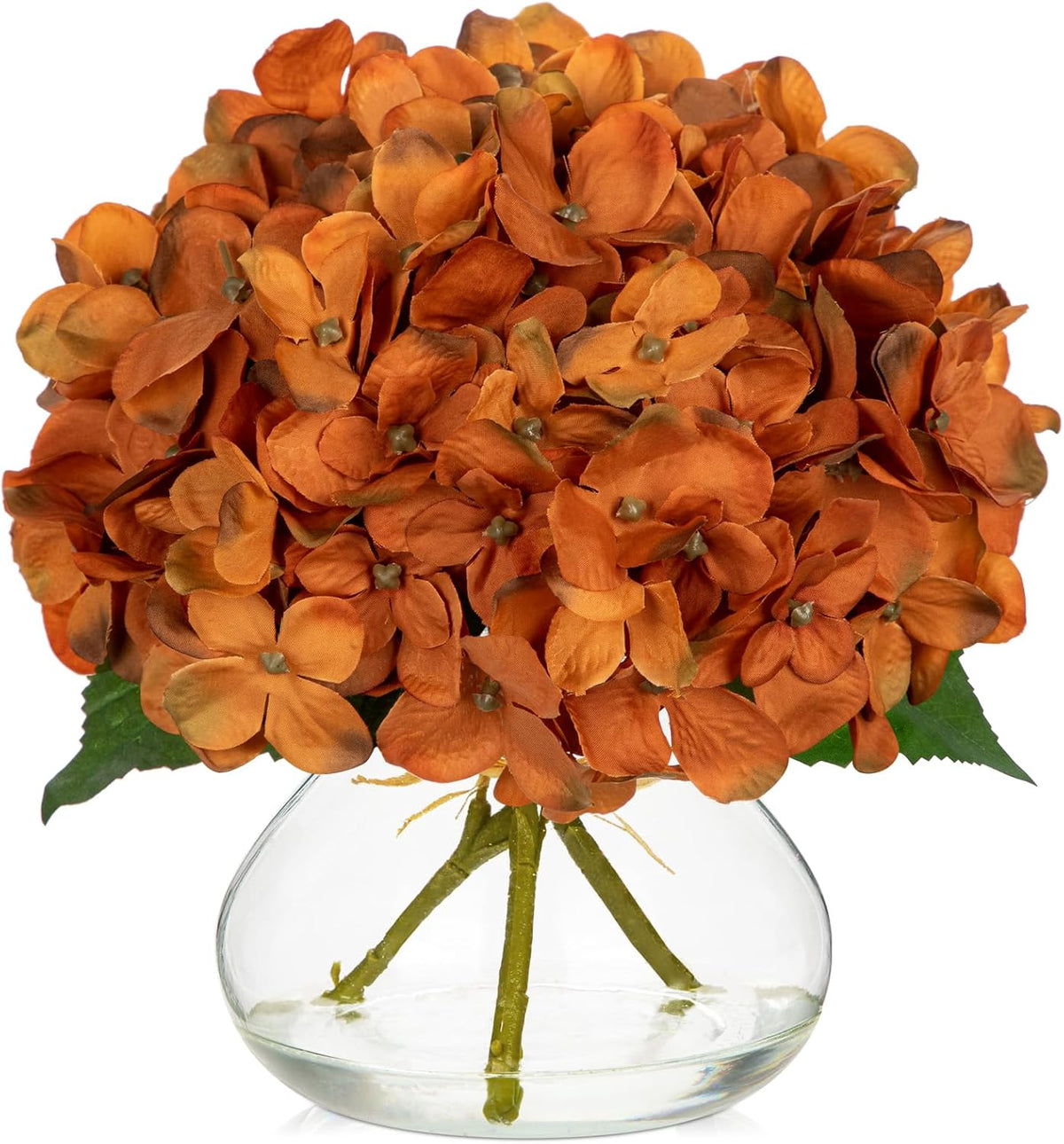 Hydrangea Artificial Flowers with Vase White Silk Fake Flowers Arrangements in Glass Vase with Faux Water for Home Bathroom Office Table Centerpiece Shelf Decorations