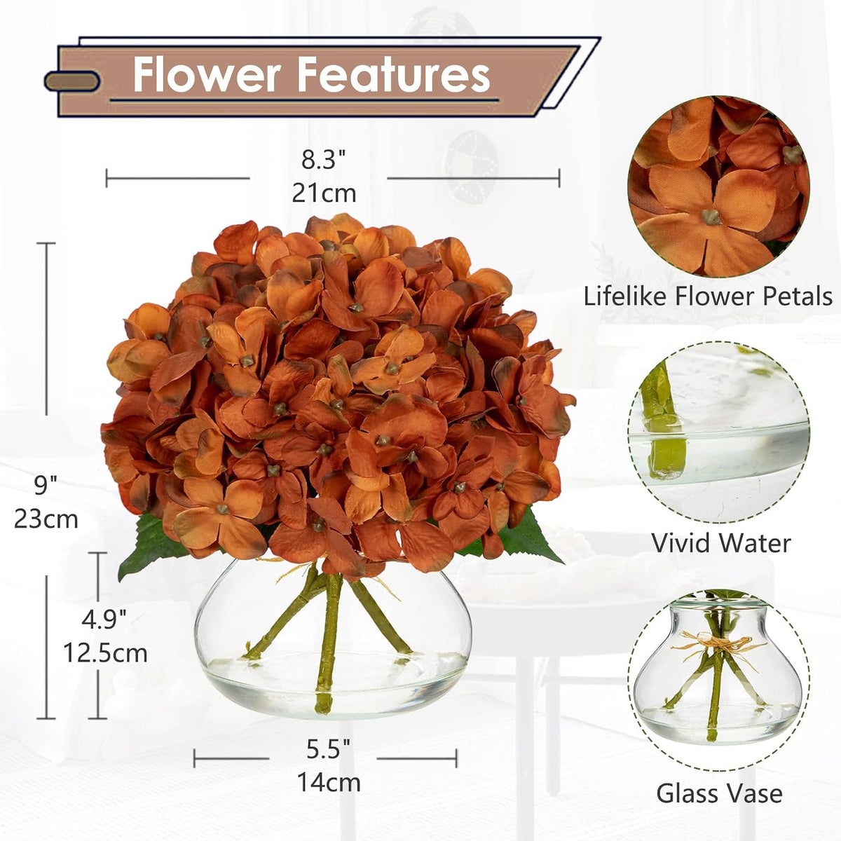 Hydrangea Artificial Flowers with Vase White Silk Fake Flowers Arrangements in Glass Vase with Faux Water for Home Bathroom Office Table Centerpiece Shelf Decorations