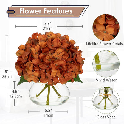 Hydrangea Artificial Flowers with Vase White Silk Fake Flowers Arrangements in Glass Vase with Faux Water for Home Bathroom Office Table Centerpiece Shelf Decorations