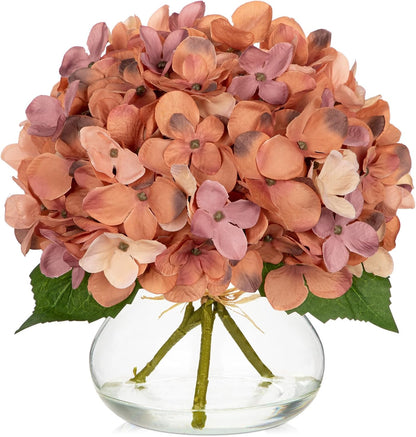 Hydrangea Artificial Flowers with Vase White Silk Fake Flowers Arrangements in Glass Vase with Faux Water for Home Bathroom Office Table Centerpiece Shelf Decorations