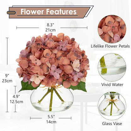 Hydrangea Artificial Flowers with Vase White Silk Fake Flowers Arrangements in Glass Vase with Faux Water for Home Bathroom Office Table Centerpiece Shelf Decorations