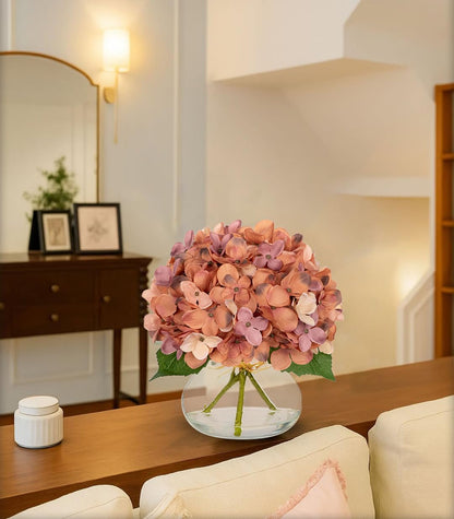 Hydrangea Artificial Flowers with Vase White Silk Fake Flowers Arrangements in Glass Vase with Faux Water for Home Bathroom Office Table Centerpiece Shelf Decorations