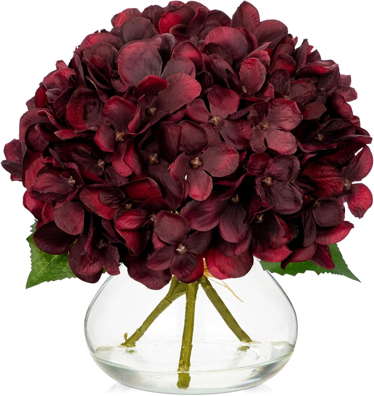 Hydrangea Artificial Flowers with Vase White Silk Fake Flowers Arrangements in Glass Vase with Faux Water for Home Bathroom Office Table Centerpiece Shelf Decorations