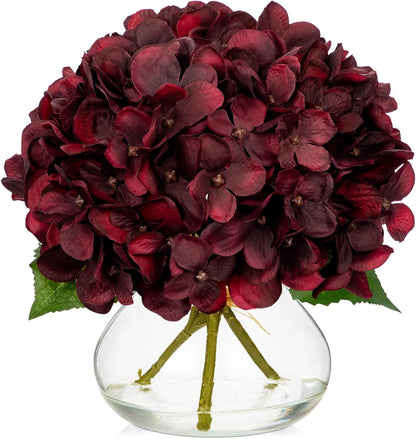 Hydrangea Artificial Flowers with Vase White Silk Fake Flowers Arrangements in Glass Vase with Faux Water for Home Bathroom Office Table Centerpiece Shelf Decorations