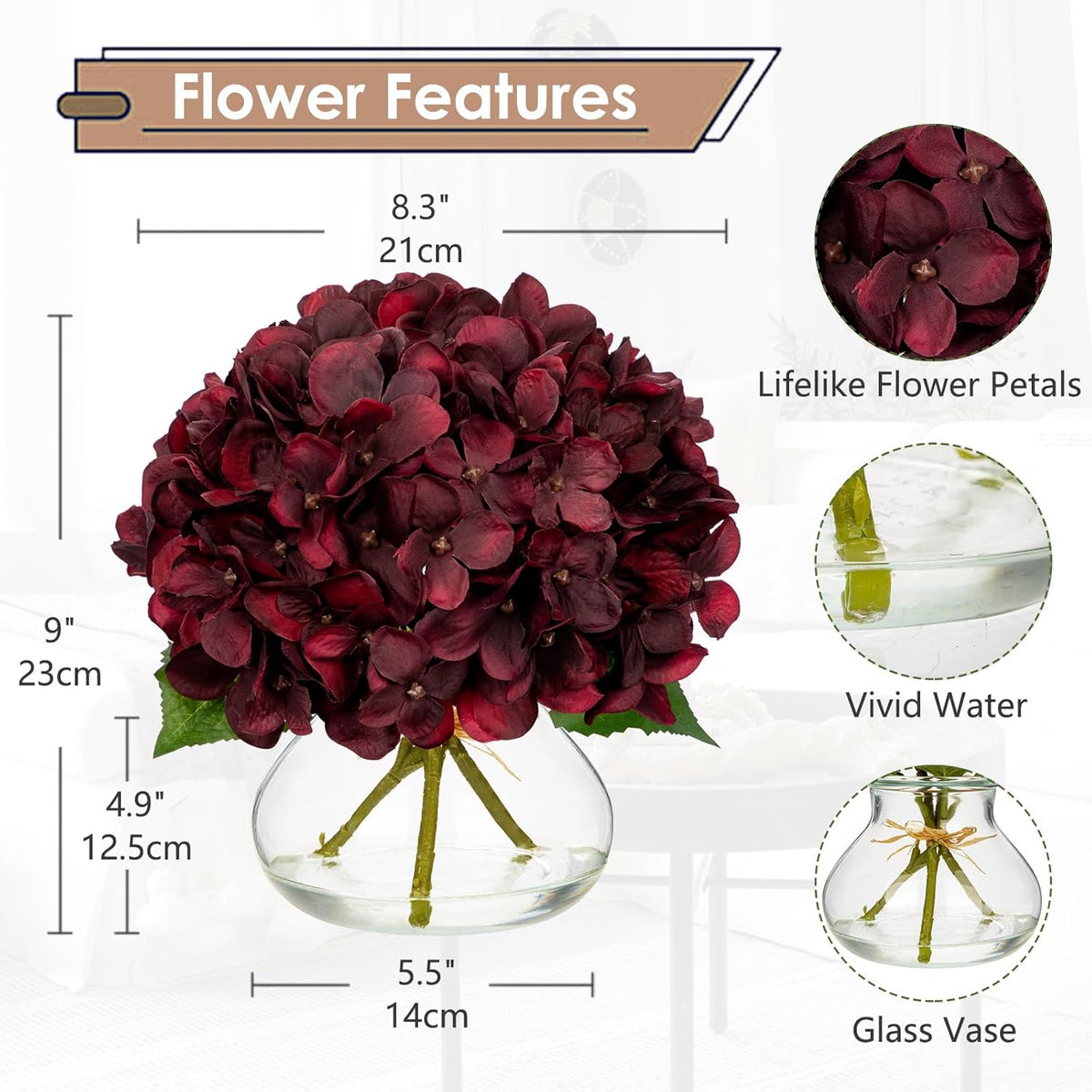 Hydrangea Artificial Flowers with Vase White Silk Fake Flowers Arrangements in Glass Vase with Faux Water for Home Bathroom Office Table Centerpiece Shelf Decorations
