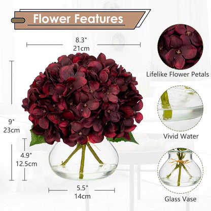 Hydrangea Artificial Flowers with Vase White Silk Fake Flowers Arrangements in Glass Vase with Faux Water for Home Bathroom Office Table Centerpiece Shelf Decorations