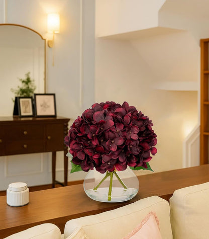 Hydrangea Artificial Flowers with Vase White Silk Fake Flowers Arrangements in Glass Vase with Faux Water for Home Bathroom Office Table Centerpiece Shelf Decorations