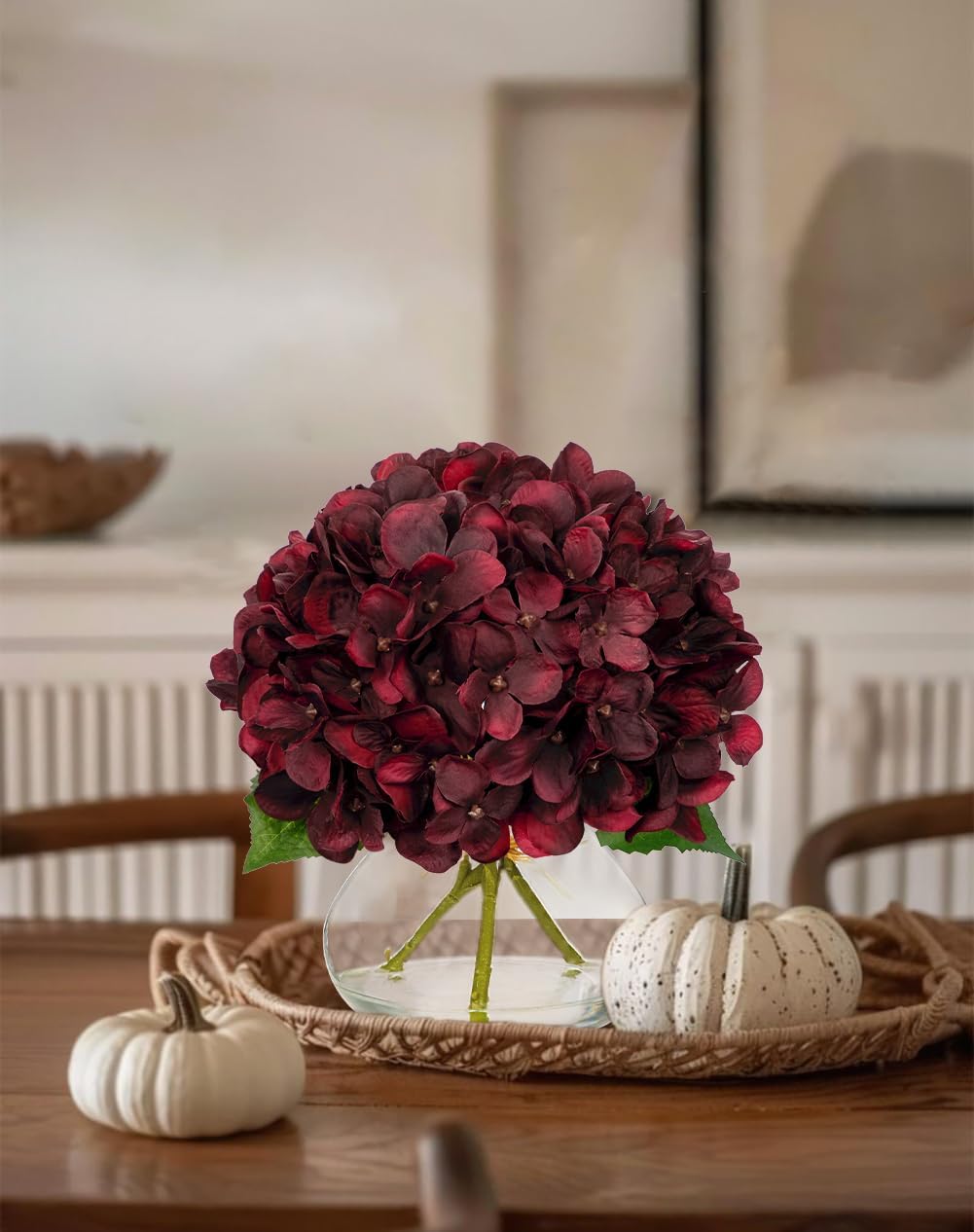 Hydrangea Artificial Flowers with Vase White Silk Fake Flowers Arrangements in Glass Vase with Faux Water for Home Bathroom Office Table Centerpiece Shelf Decorations