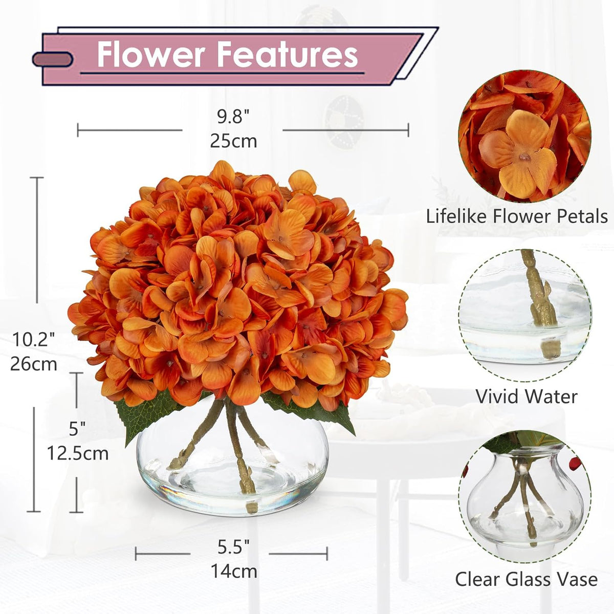 Hydrangea Artificial Flowers with Vase White Silk Fake Flowers Arrangements in Glass Vase with Faux Water for Home Bathroom Office Table Centerpiece Shelf Decorations