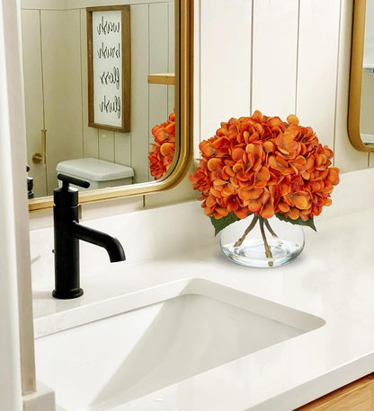 Hydrangea Artificial Flowers with Vase White Silk Fake Flowers Arrangements in Glass Vase with Faux Water for Home Bathroom Office Table Centerpiece Shelf Decorations