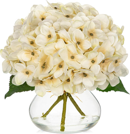 Hydrangea Artificial Flowers with Vase White Silk Fake Flowers Arrangements in Glass Vase with Faux Water for Home Bathroom Office Table Centerpiece Shelf Decorations