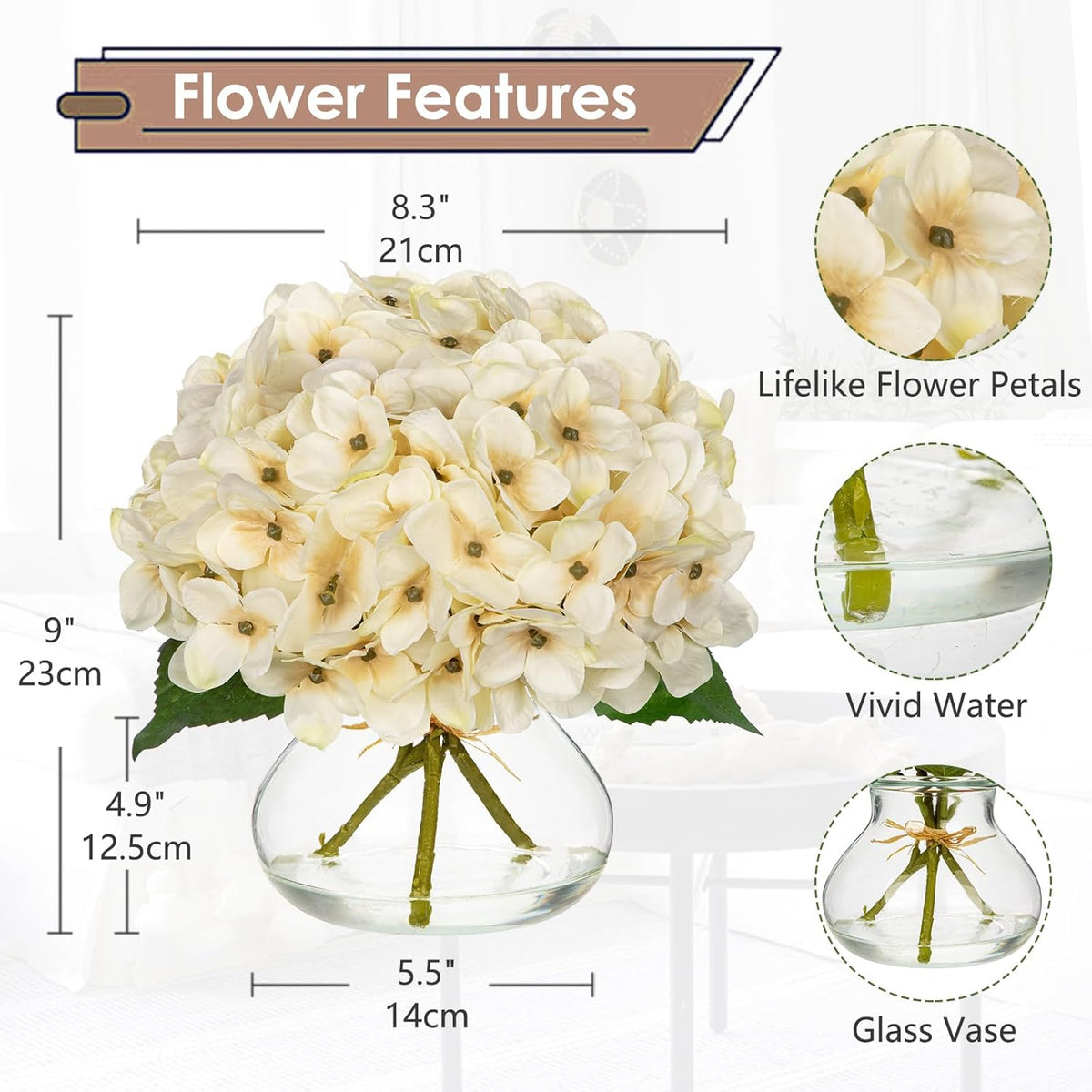 Hydrangea Artificial Flowers with Vase White Silk Fake Flowers Arrangements in Glass Vase with Faux Water for Home Bathroom Office Table Centerpiece Shelf Decorations