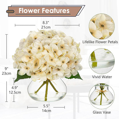 Hydrangea Artificial Flowers with Vase White Silk Fake Flowers Arrangements in Glass Vase with Faux Water for Home Bathroom Office Table Centerpiece Shelf Decorations