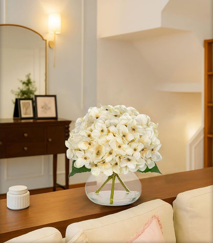 Hydrangea Artificial Flowers with Vase White Silk Fake Flowers Arrangements in Glass Vase with Faux Water for Home Bathroom Office Table Centerpiece Shelf Decorations