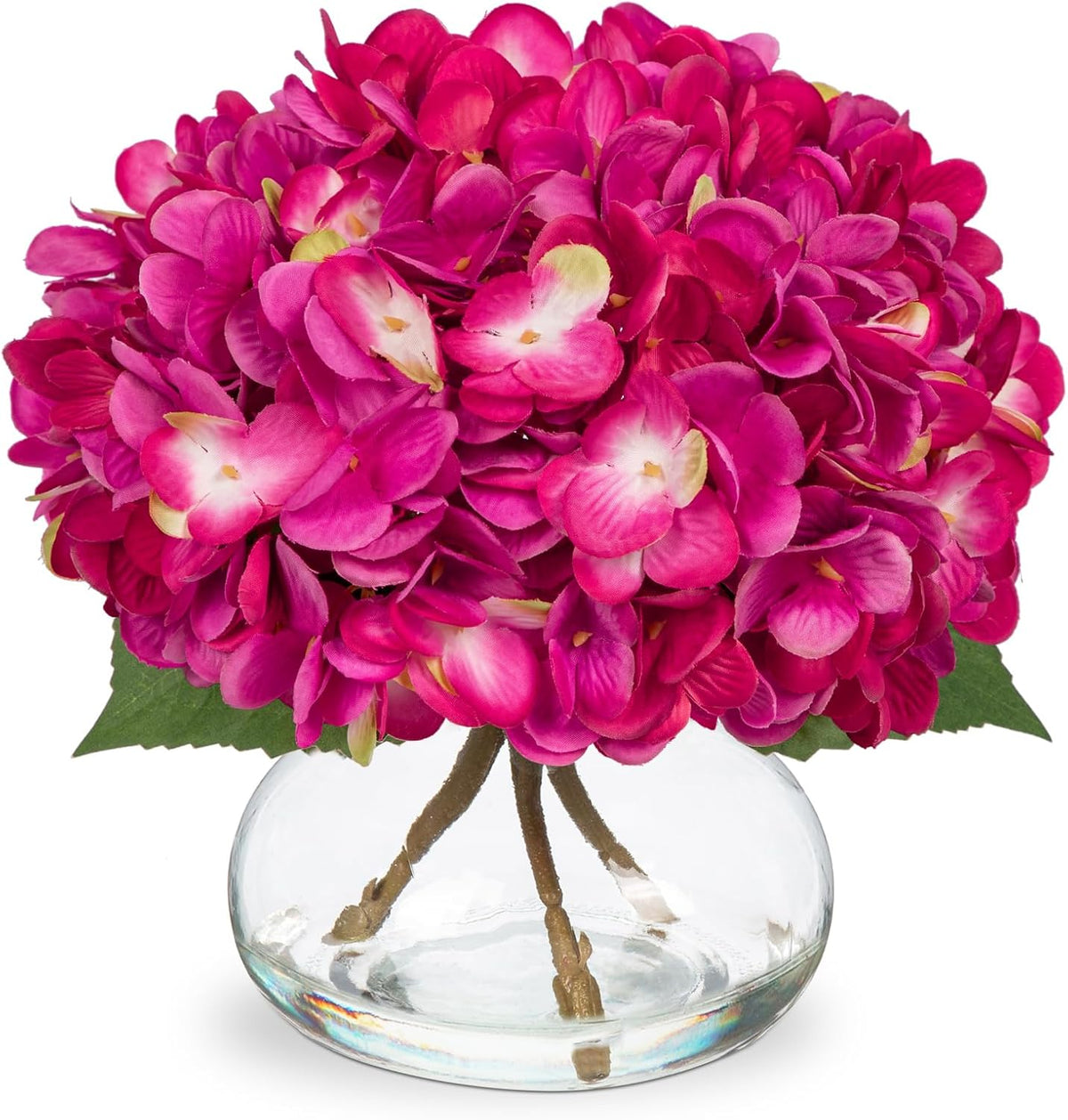 Hydrangea Artificial Flowers with Vase White Silk Fake Flowers Arrangements in Glass Vase with Faux Water for Home Bathroom Office Table Centerpiece Shelf Decorations