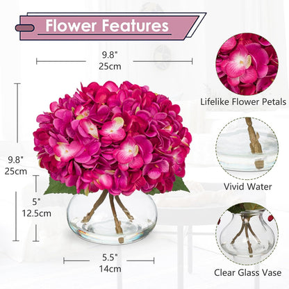 Hydrangea Artificial Flowers with Vase White Silk Fake Flowers Arrangements in Glass Vase with Faux Water for Home Bathroom Office Table Centerpiece Shelf Decorations