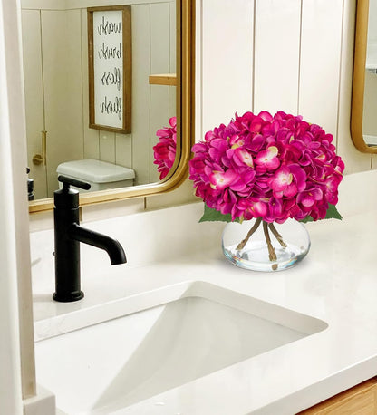 Hydrangea Artificial Flowers with Vase White Silk Fake Flowers Arrangements in Glass Vase with Faux Water for Home Bathroom Office Table Centerpiece Shelf Decorations