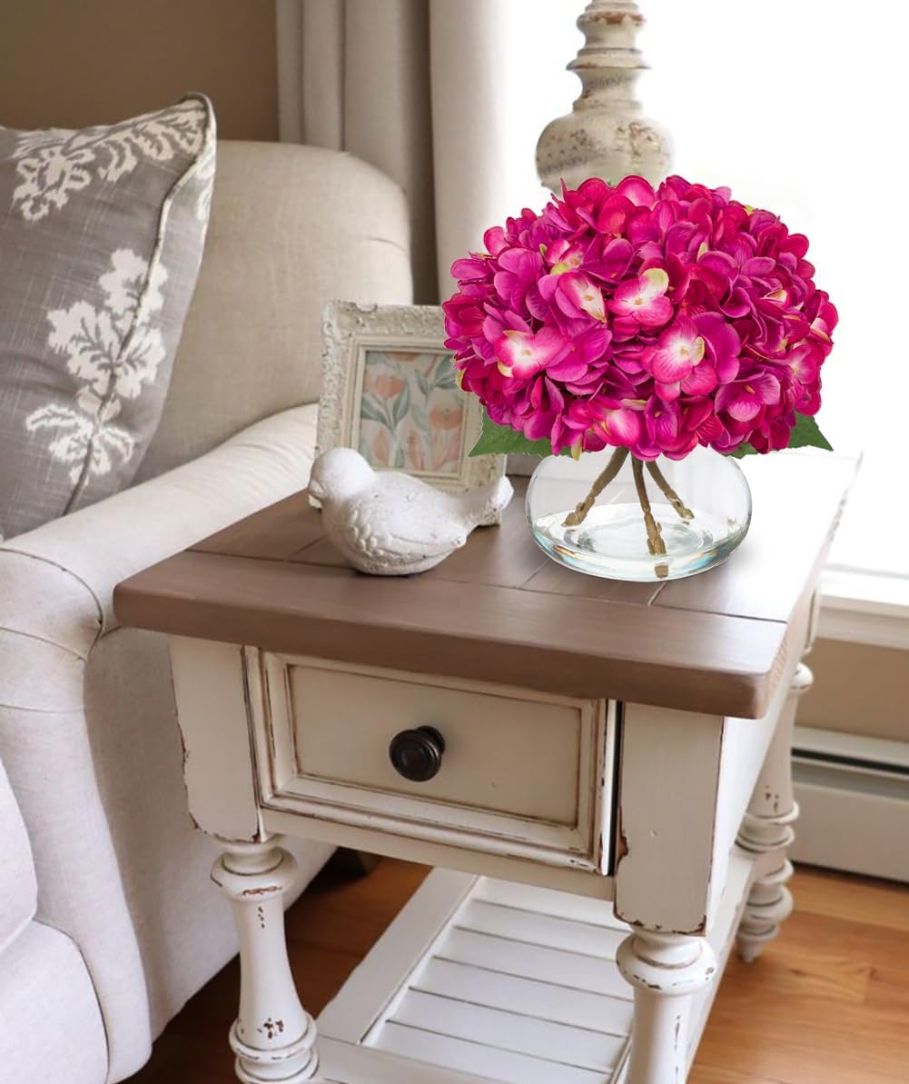 Hydrangea Artificial Flowers with Vase White Silk Fake Flowers Arrangements in Glass Vase with Faux Water for Home Bathroom Office Table Centerpiece Shelf Decorations