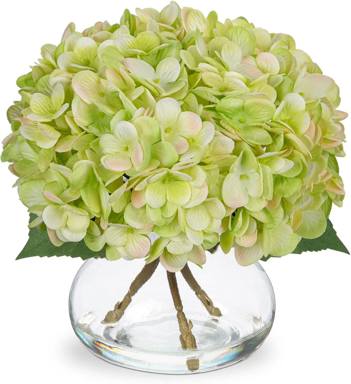 Hydrangea Artificial Flowers with Vase White Silk Fake Flowers Arrangements in Glass Vase with Faux Water for Home Bathroom Office Table Centerpiece Shelf Decorations