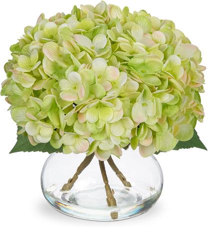 Hydrangea Artificial Flowers with Vase White Silk Fake Flowers Arrangements in Glass Vase with Faux Water for Home Bathroom Office Table Centerpiece Shelf Decorations