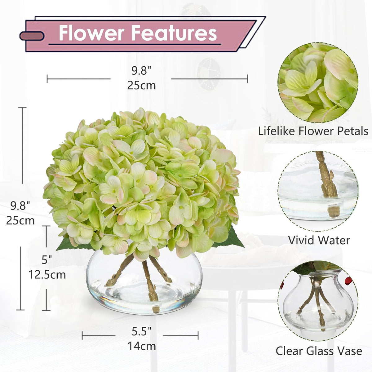 Hydrangea Artificial Flowers with Vase White Silk Fake Flowers Arrangements in Glass Vase with Faux Water for Home Bathroom Office Table Centerpiece Shelf Decorations