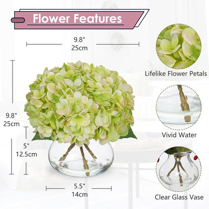 Hydrangea Artificial Flowers with Vase White Silk Fake Flowers Arrangements in Glass Vase with Faux Water for Home Bathroom Office Table Centerpiece Shelf Decorations