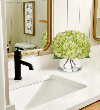 Hydrangea Artificial Flowers with Vase White Silk Fake Flowers Arrangements in Glass Vase with Faux Water for Home Bathroom Office Table Centerpiece Shelf Decorations